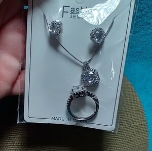 Fashion Jewelry Set - Silver Necklace, Earrings, and Ring CZ